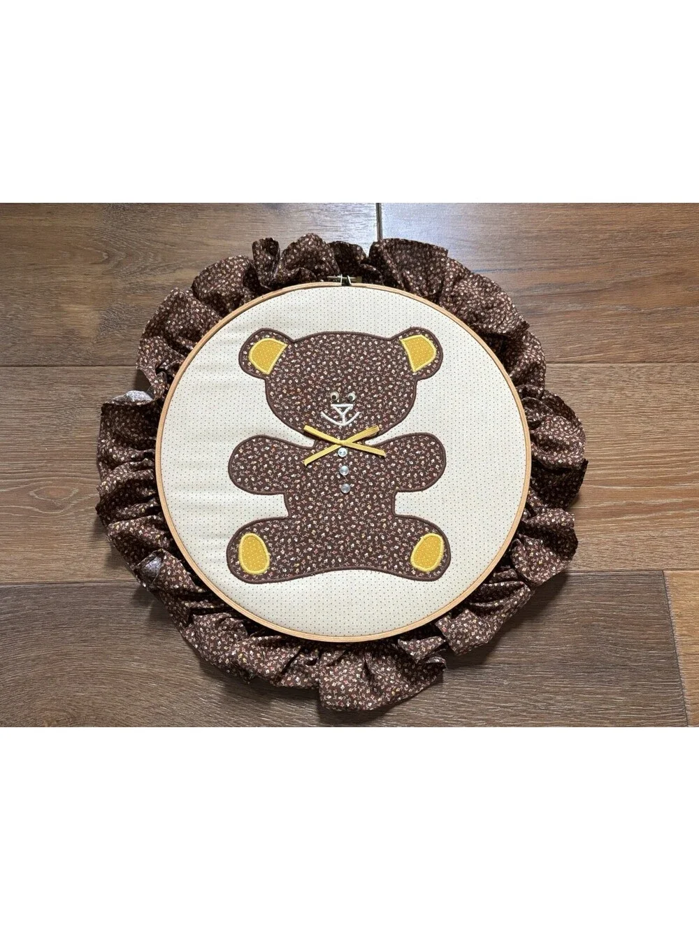 Vintage Teddy Bear Embroidery Quilted Hoop Wall Art, 12.5”, Nursery Decor